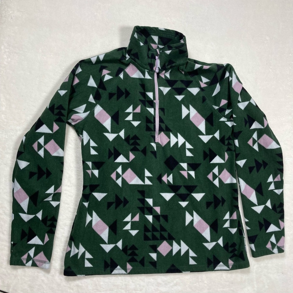 Eddie Bauer Womens Green Geometric Triangle Fleece Quarter Zip Pullover Medium
